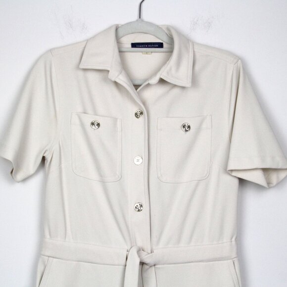 Tommy Hilfiger Womens jumpsuit size 6 Pockets Belt Beige Gold Buttons E081237 - Picture 1 of 12